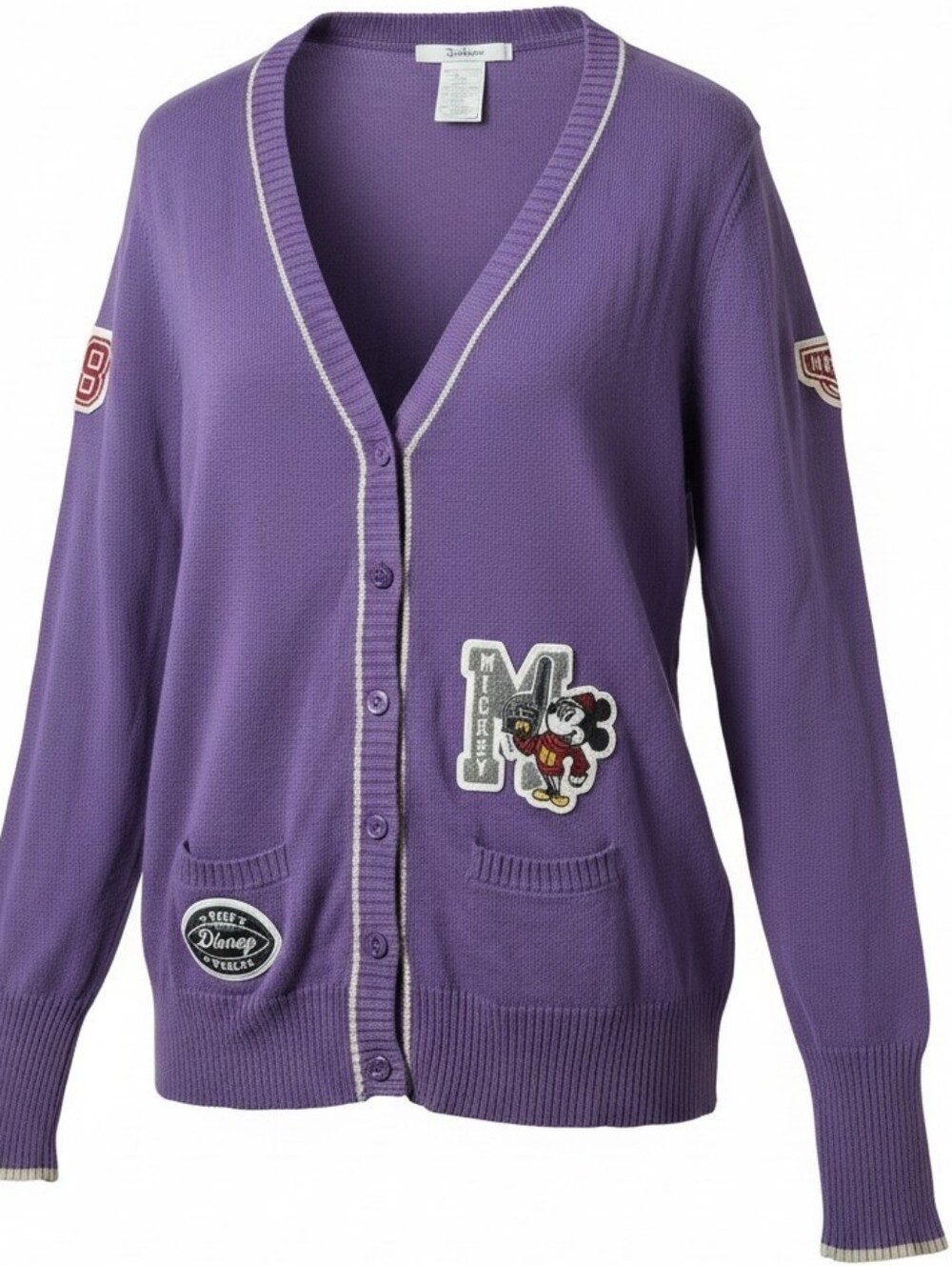 DISNEY PARKS | Mickey Varsity Letterman Patch Purple Grey Cardigan Sweater | XXL